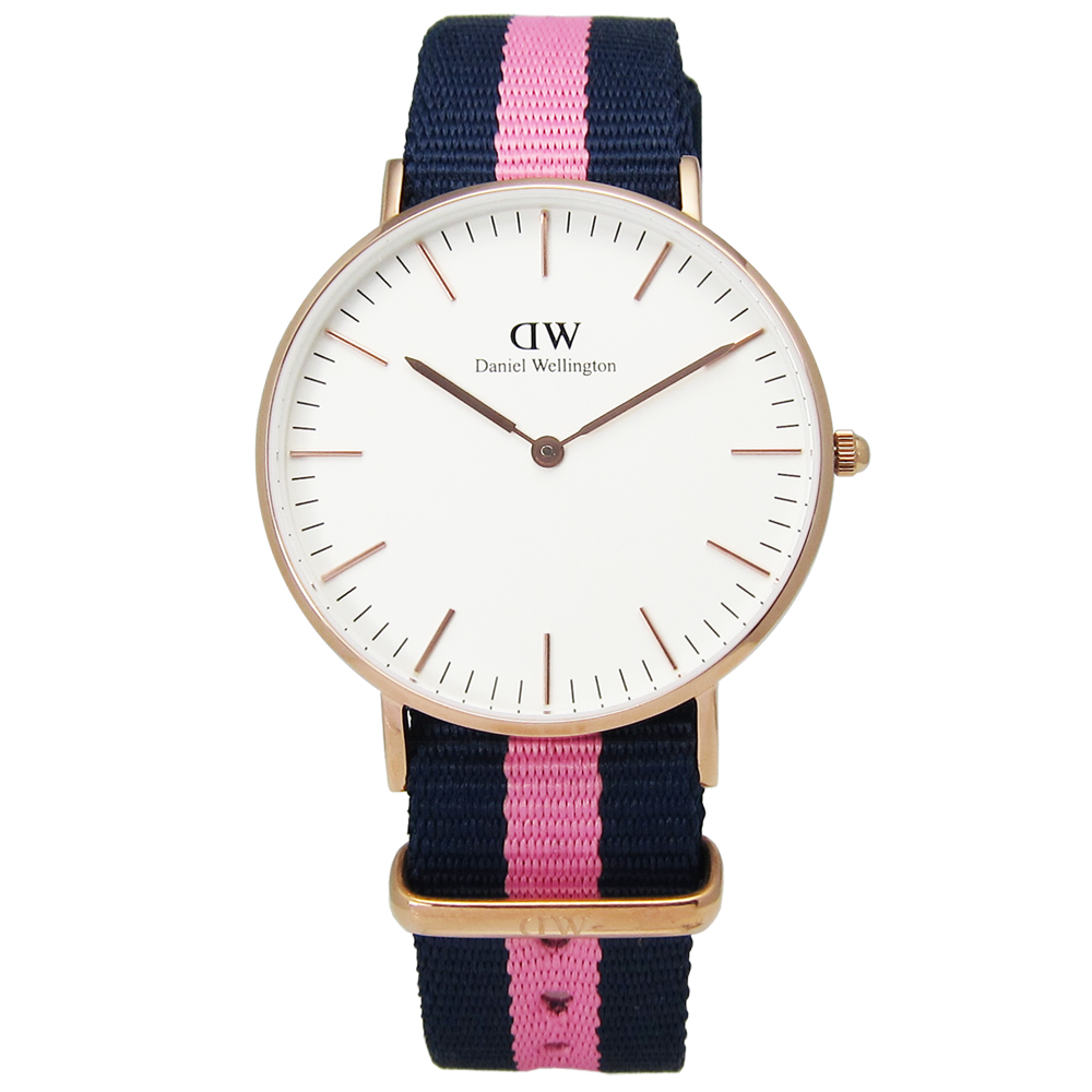 DW Daniel Wellington 溫徹斯尼龍腕錶-白x玫瑰金框x藍粉/36mm