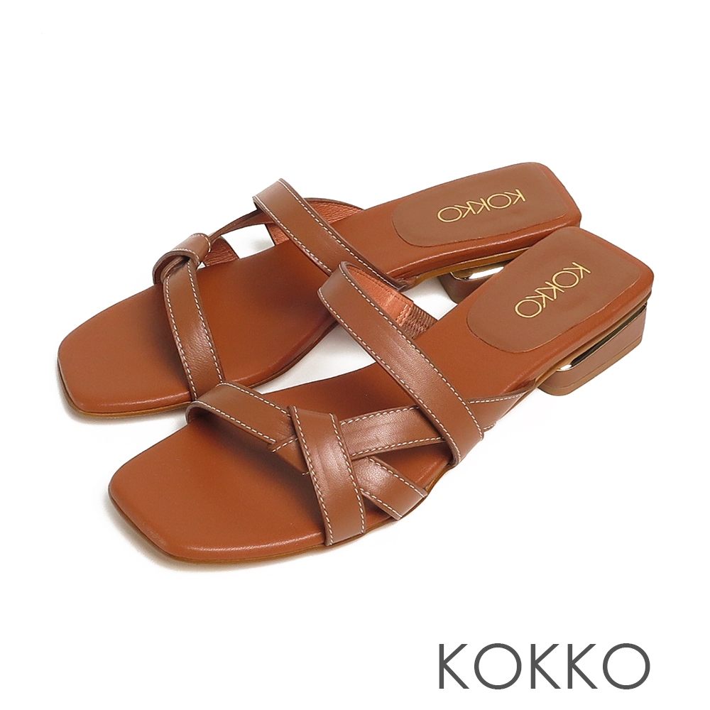 KOKKO經典手工方頭線條柔軟感綿羊皮涼拖鞋焦糖色