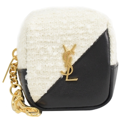 YSL Saint Laurent金屬LOGO素色羊皮方形零錢包(黑白)