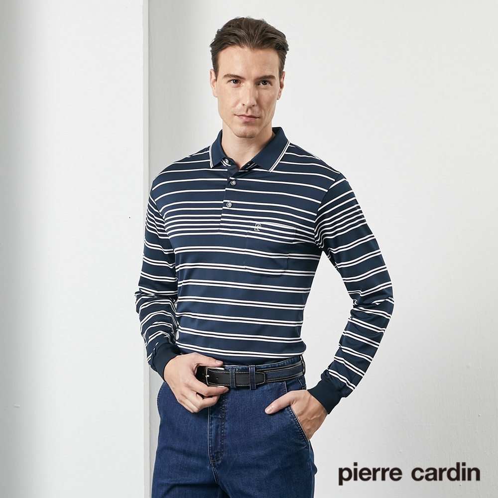 Pierre Cardin皮爾卡登 男款 吸濕排汗橫條長袖polo衫-丈青色(5205251-39)