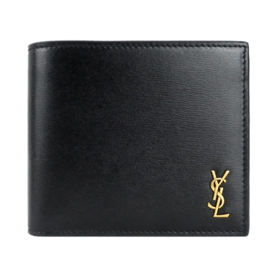 YSL SAINT LAURENT 金屬LOGO素面牛皮男士短夾(黑)