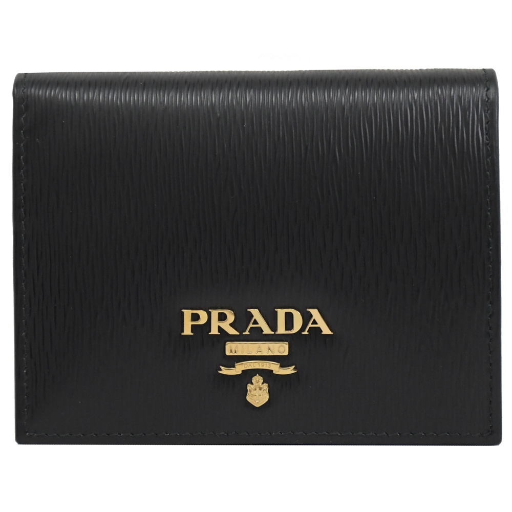 PRADA 金屬LOGO水波防刮對開零錢短夾(黑/紅)