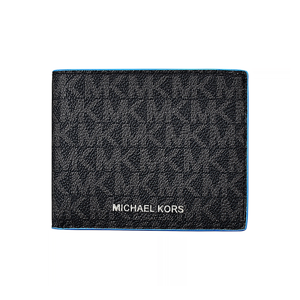 MICHAEL KORS COOPER銀字LOGO PVC6卡對折短夾(黑x霓虹藍)