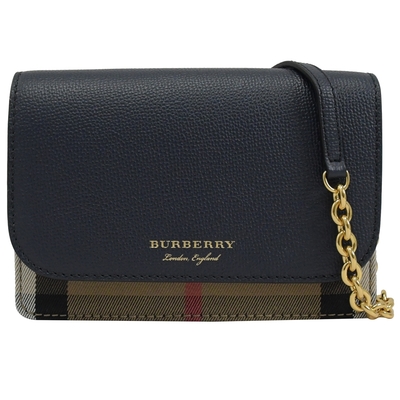 BURBERRY HAMPSHIRE 燙金品牌LOGO經典格紋棉麻牛皮翻蓋斜背包(靛藍)