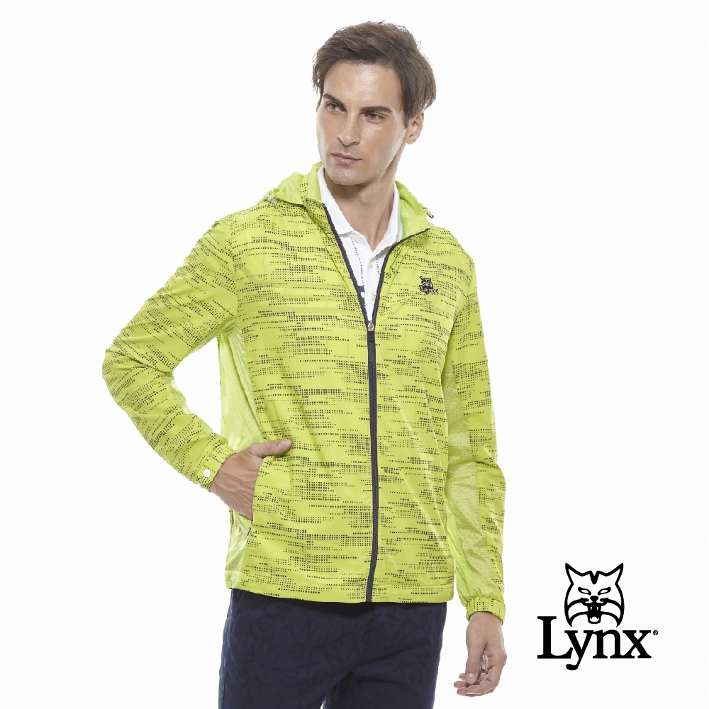 【Lynx Golf】男款吸濕排汗點點印花可收納連帽長袖外套-黃綠色
