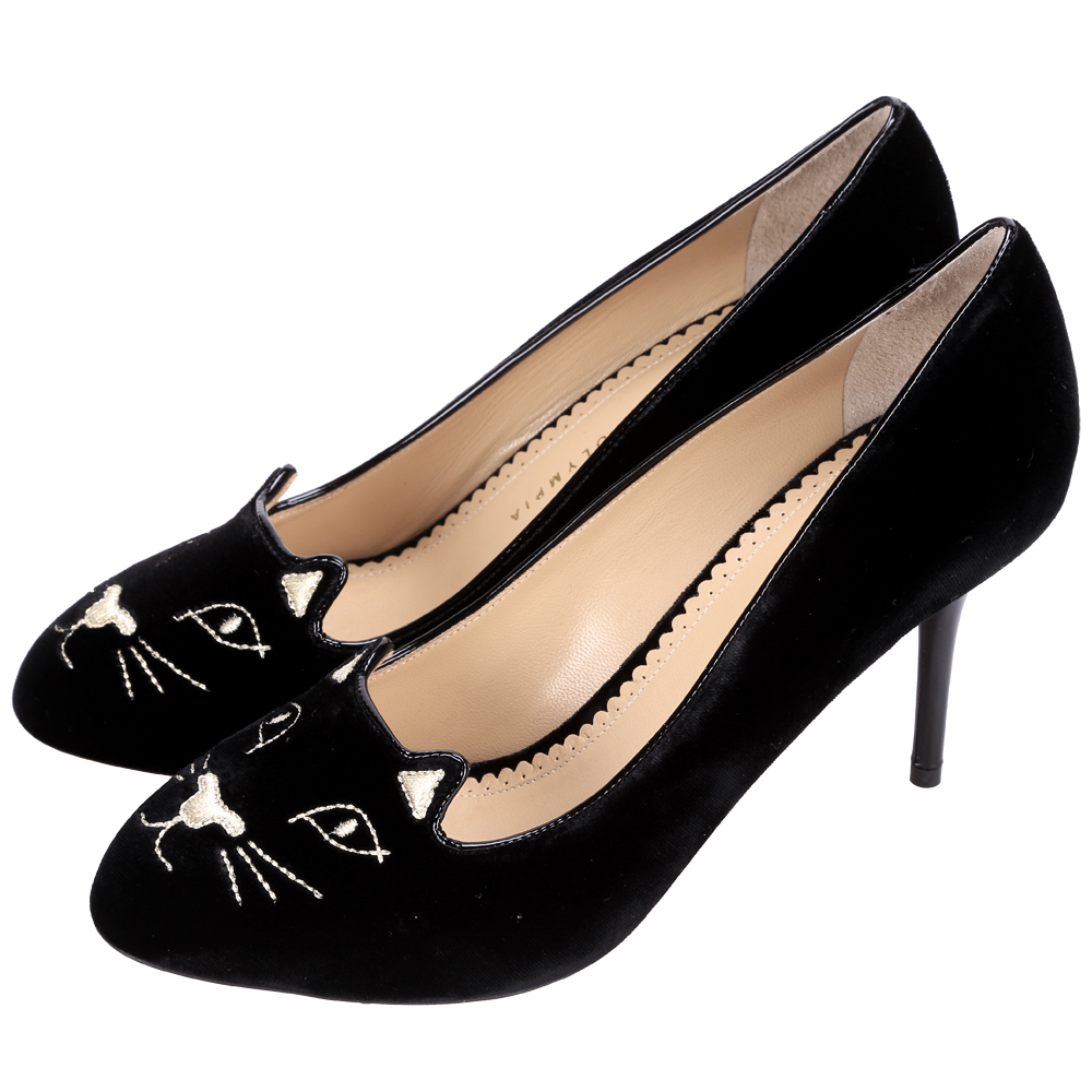 Charlotte Olympia Kitty 經典天鵝絨貓咪高跟鞋(黑色)