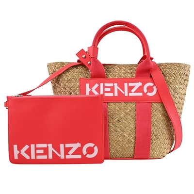 KENZO 經典英文LOGO特殊草編材質手提斜背兩用托特包(桃邊)