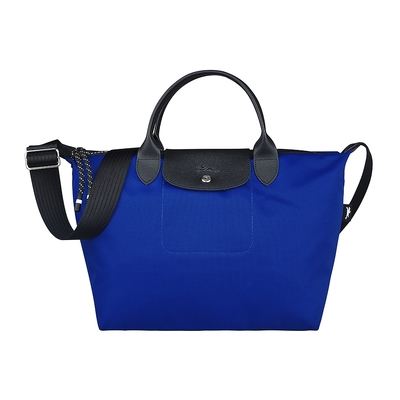 LONGCHAMP LE PLIAGE ENERGY壓印LOGO再生尼龍短把拉鍊斜背包(中/鈷藍)