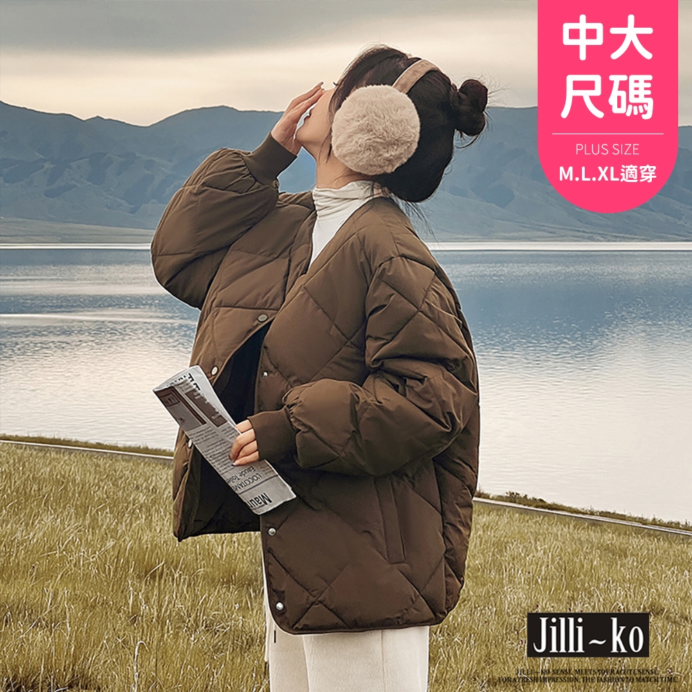 JILLI-KO 羽絨棉服女短款輕薄無領菱格外套中大碼- 深卡/白