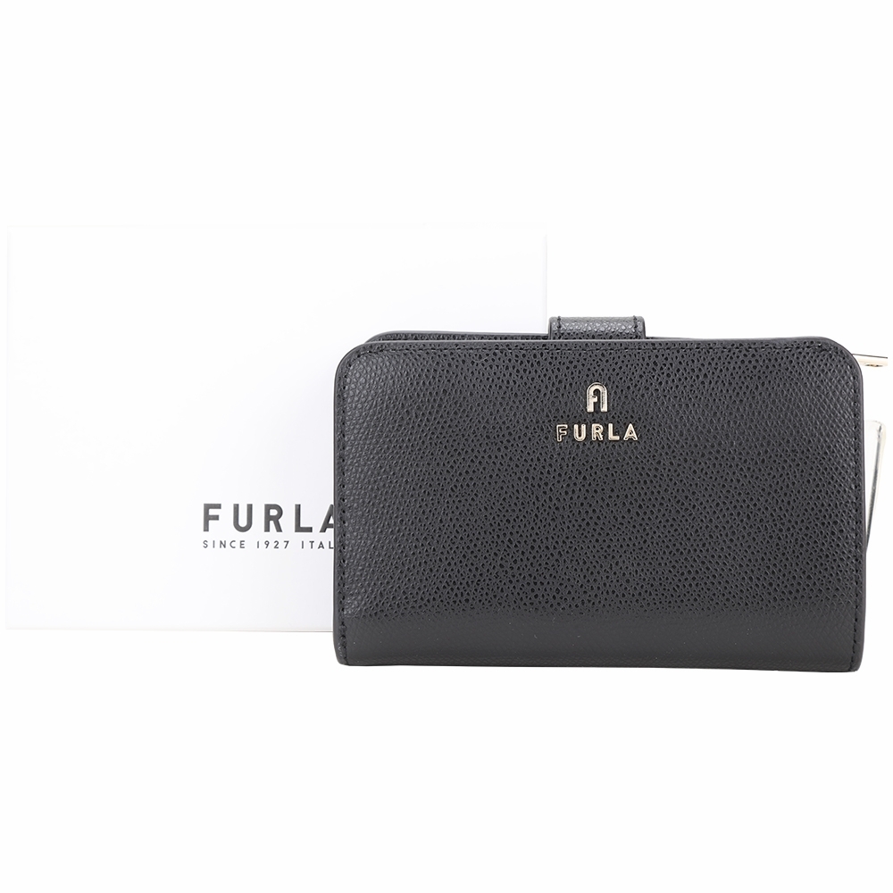 FURLA Camelia 字母拱門金屬標誌釦式中夾(黑色)