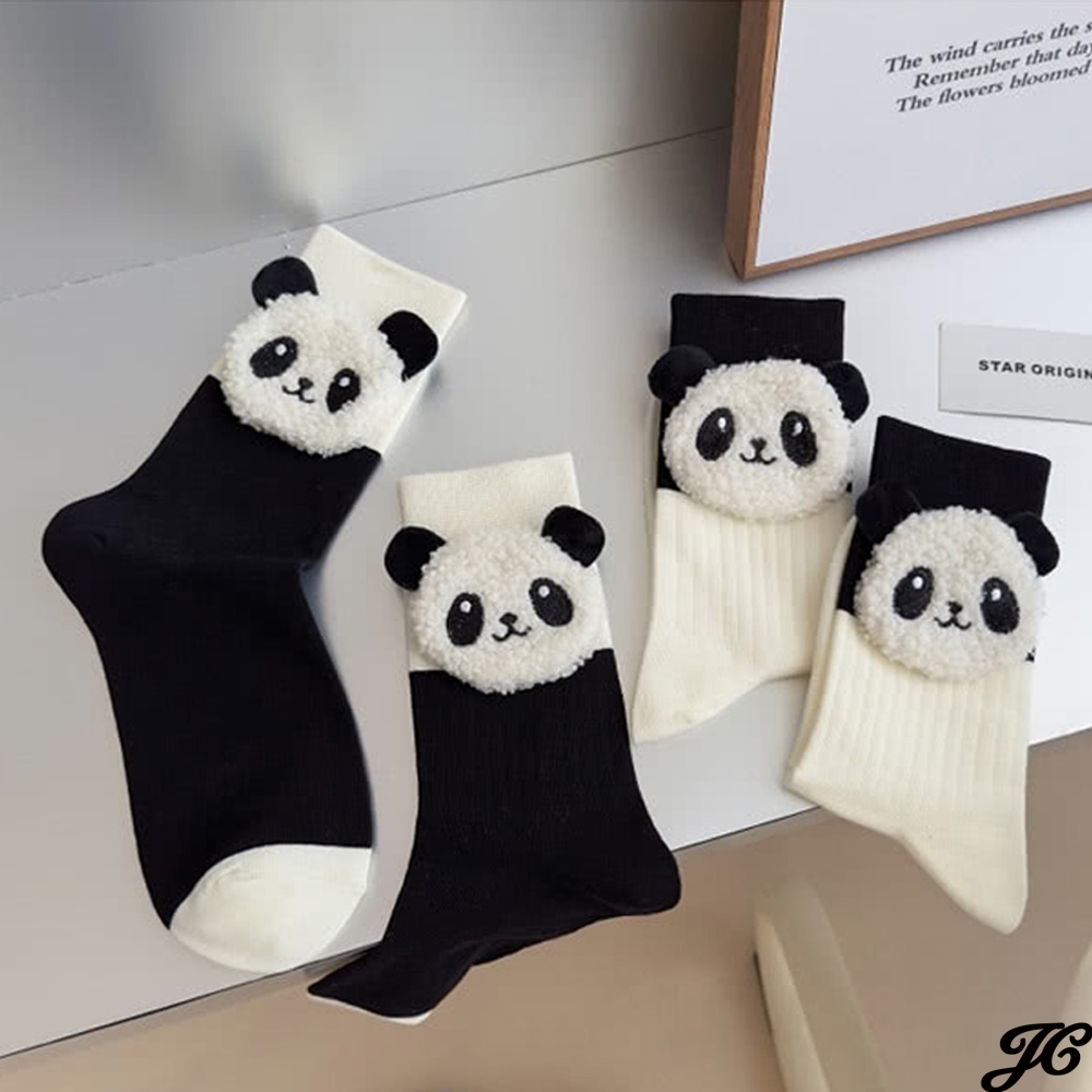 【JC Collection】網紅潮流可愛立體卡通熊貓透氣棉雙針中筒襪2雙1組(黑、白)