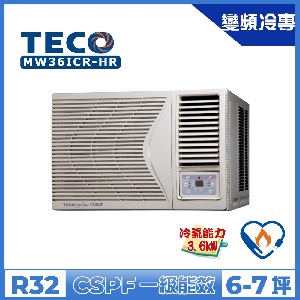 TECO東元 6-7坪 1級變頻冷專右吹窗型冷氣 MW36ICR-HR R32冷媒 product image 1