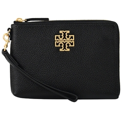 TORY BURCH BRITTEN 鏤空金屬LOGO L型拉鍊皮革手拿包(黑/金)