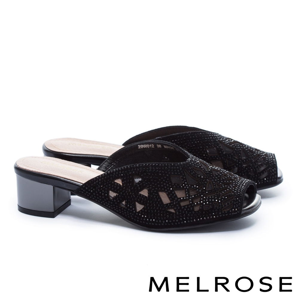 拖鞋 MELROSE 氣質時尚晶鑽幾何鏤空魚口高跟拖鞋－黑