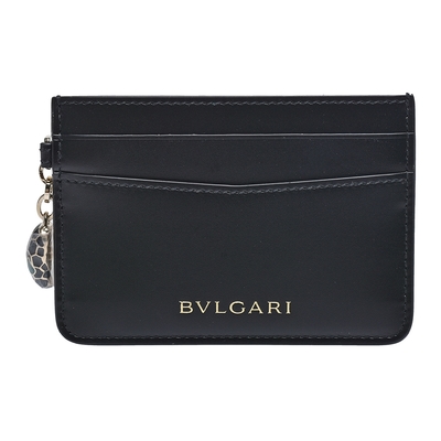 BVLGARI 經典Serpenti系列小牛皮琺瑯蛇頭墜飾信用卡夾(黑色)