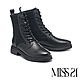 短靴 MISS 21 個性綁帶純色牛皮拼接彈力飛織厚底短靴－黑 product thumbnail 1