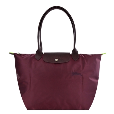 LONGCHAMP LE PLIAGE GREEN系列刺繡長把再生尼龍摺疊水餃包(大/酒紅)