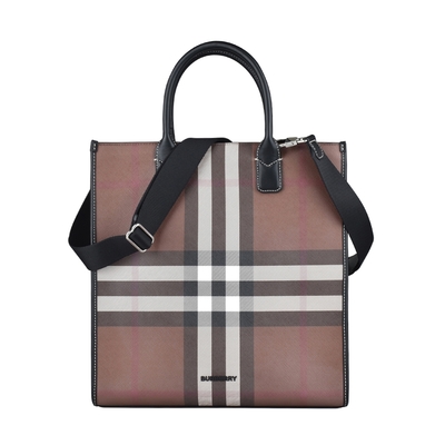 burberry denny立體黑字logo格紋設計pvc開口式手提斜背包(深褐x炭灰)