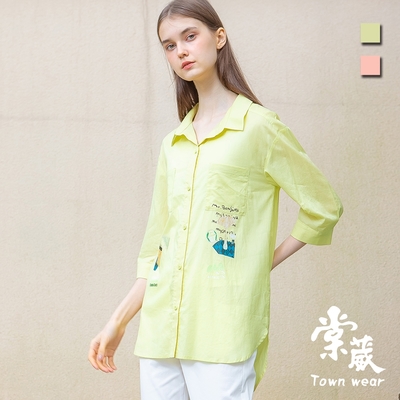 【TOWNWEAR棠葳】休閒印圖開衩長版純棉襯衫 2色(女上衣/女上著/七分袖/口袋/翻領)