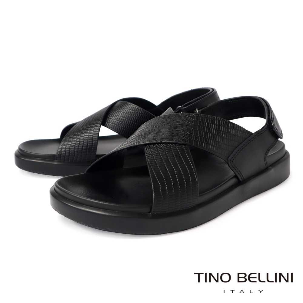 TINO BELLINI 男款 牛皮粗獷紋理交叉造型寬帶涼鞋HM0O004
