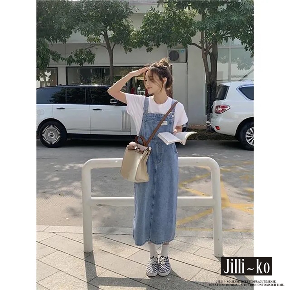 JILLI-KO 韓版休閒百搭寬鬆口袋牛仔吊帶裙 - 藍色