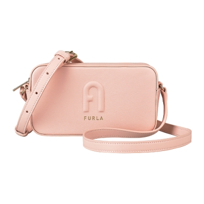 FURLA RITA浮雕LOGO牛皮拉鍊斜背相機包(糖果玫瑰粉)