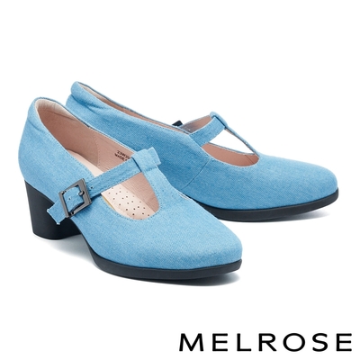 高跟鞋 MELROSE 美樂斯 雲朵後跟 復古時髦T字牛仔布瑪莉珍高跟鞋－藍