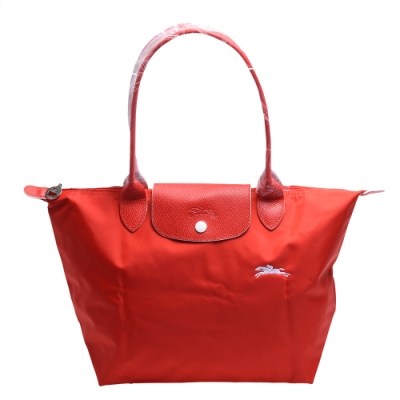 LONGCHAMP 經典LE PLIAGE系列刺繡摺疊長提把水餃手提包(小-朱紅色)