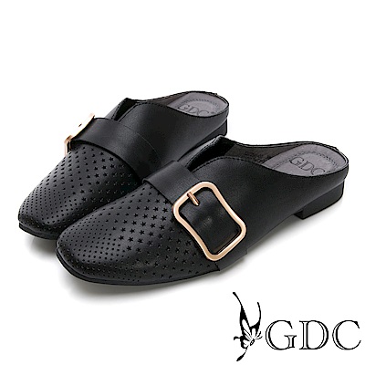 GDC-真皮沖孔方扣舒適低跟穆勒拖鞋-黑色