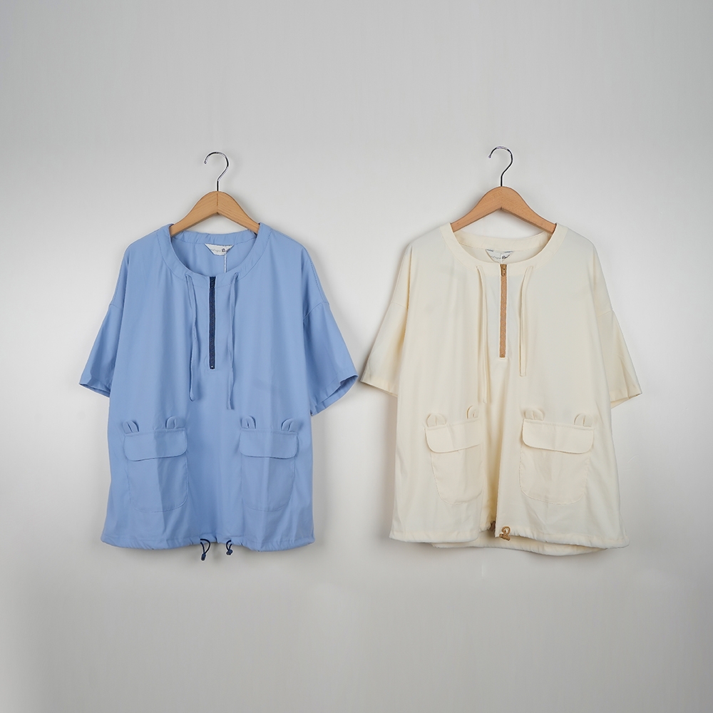 【Dailo】舒適彈性配色工裝元素短袖上衣 藍 米