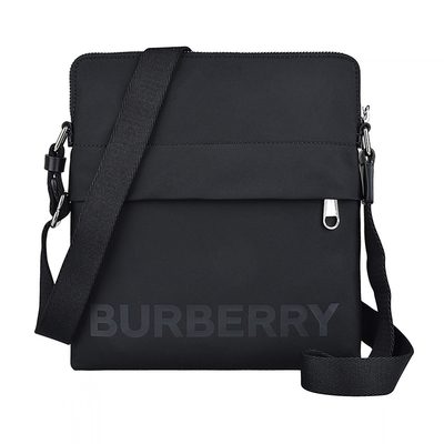 BURBERRY 巴寶莉 Neo燙印灰字LOGO尼龍拉鍊斜背扁包(黑)