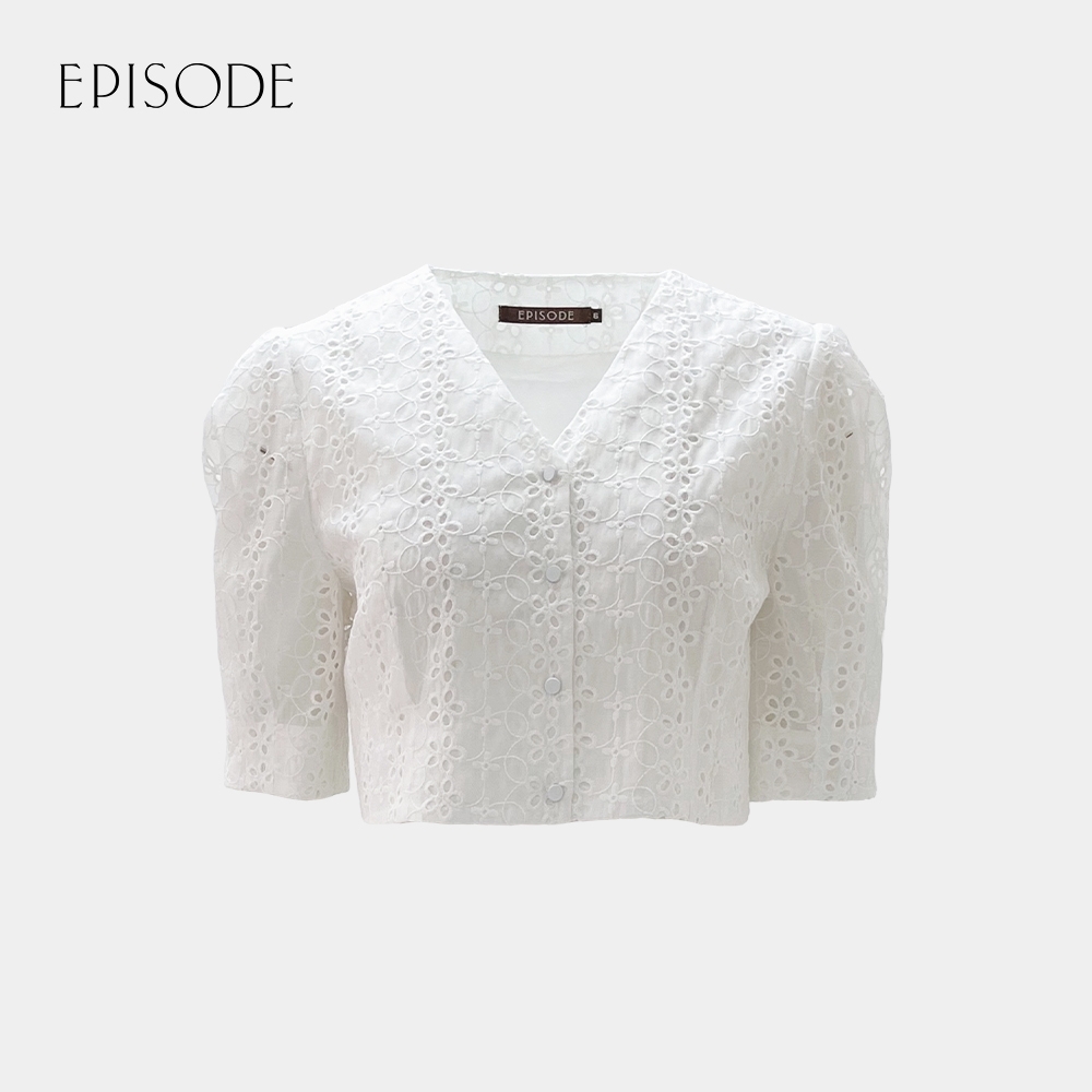 EPISODE - 甜美百搭鏤空刺繡短版襯衫（白）