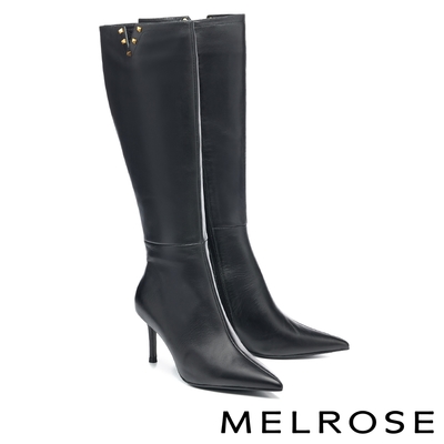 長靴 MELROSE 質感時髦鉚釘V型牛皮尖頭高跟長靴－黑