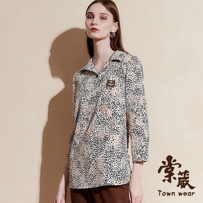 【TOWNWEAR棠葳】滿版撞色點點長版雪紡上衣(中大尺碼/女上衣/長袖/翻領/開襟)