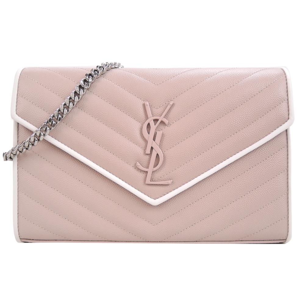 YSL MONOGRAM系列V字縫線魚子醬牛皮白線滾邊鍊帶斜肩/手拿包(粉)