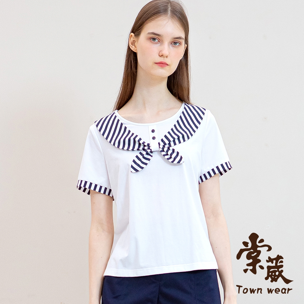 【TOWNWEAR棠葳】條紋海軍領開衩棉質上衣(女上衣/女上著/短袖/撞色/休閒)