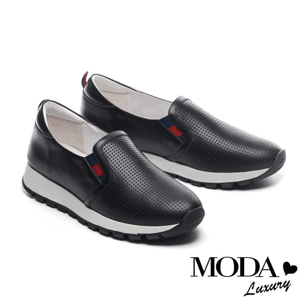 休閒鞋 MODA Luxury 極簡百搭十字紋理全真皮厚底休閒鞋－黑