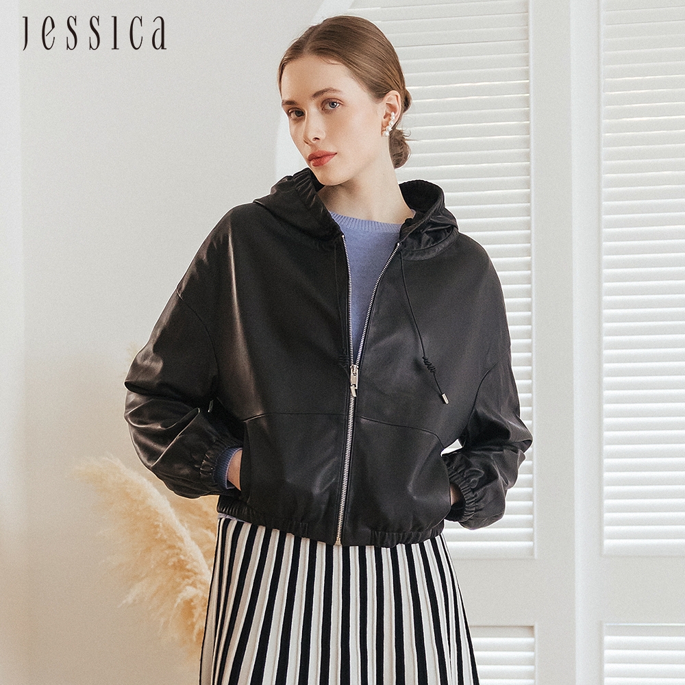JESSICA - 休閒百搭連帽拉鏈皮衣外套J35006