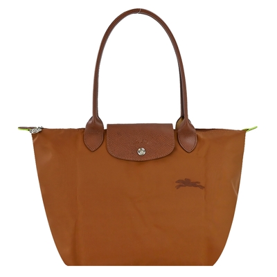 LONGCHAMP LE PLIAGE GREEN系列刺繡長把再生尼龍摺疊水餃包(中/白蘭地酒)