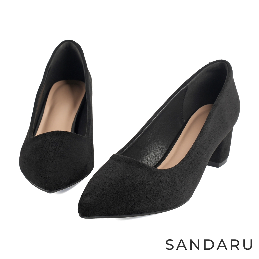 山打努SANDARU-跟鞋 尖頭素面絨布4.5cm中跟鞋-黑
