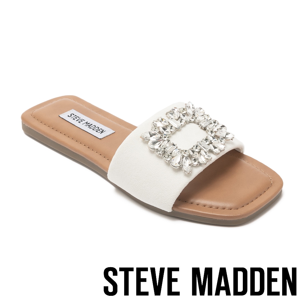 (夏日休閒推薦鞋)【線上獨家款!】STEVE MADDEN-TICKET 鑽飾平底涼拖鞋-白色