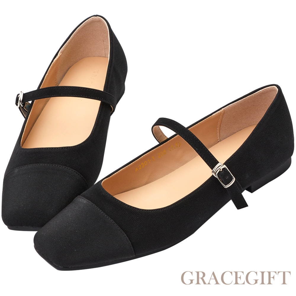 【Grace Gift】優雅方頭芭蕾平底鞋 黑