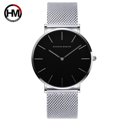 【HANNAH MARTIN】日本機芯簡約不鏽鋼黑面米蘭帶腕錶-HM-CH02-WYY