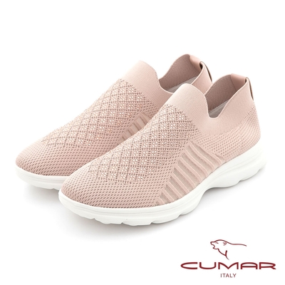 【CUMAR】簡約鑽飾飛織布彈力舒壓休閒鞋-粉紅