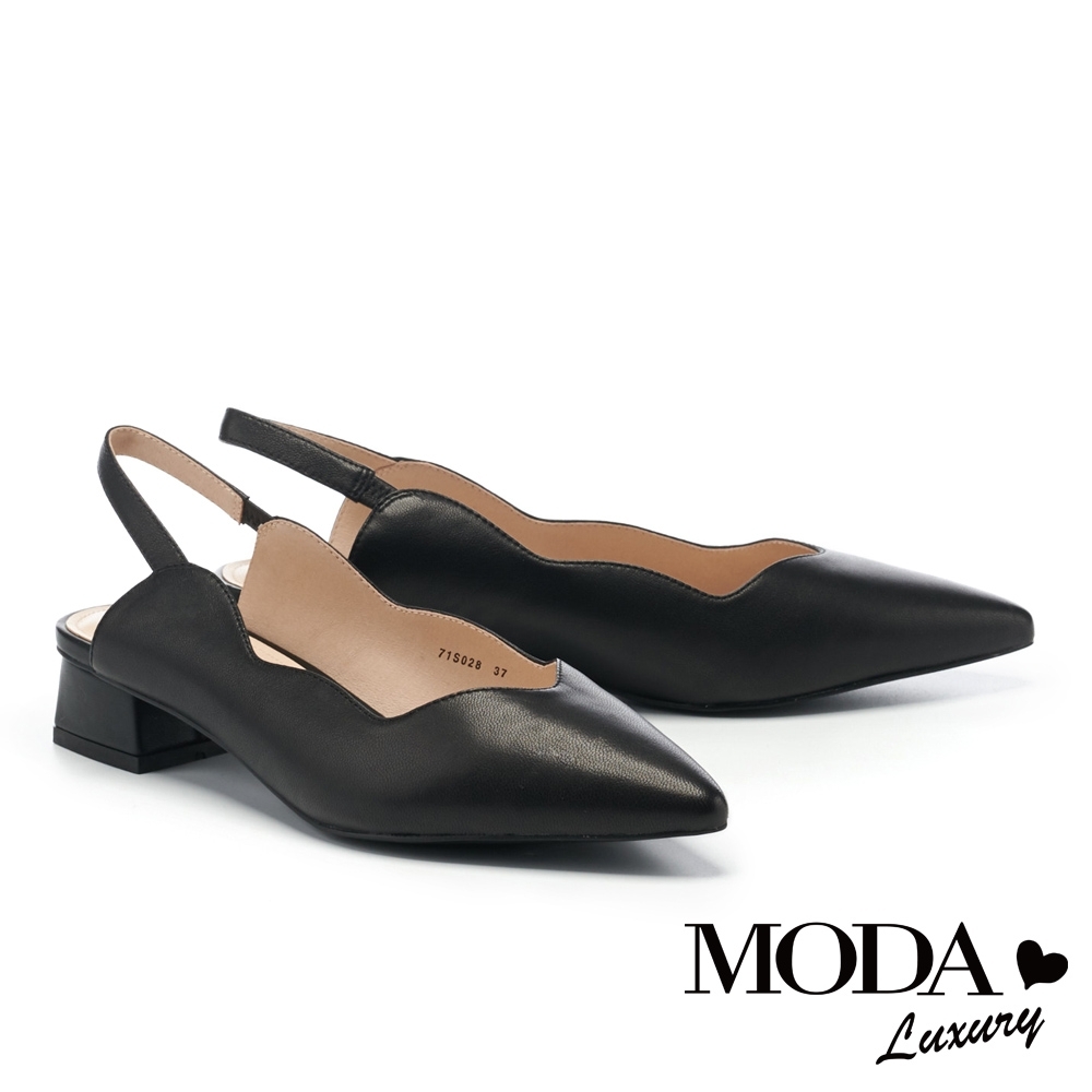 低跟鞋 MODA Luxury 極簡氣質波浪剪裁後繫帶粗低跟鞋－黑