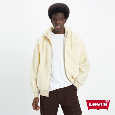 Levis 男款 寬鬆版連帽外套 / 粉紅抽繩 大口袋設計 / 暖身鋪毛 / 牛奶白
