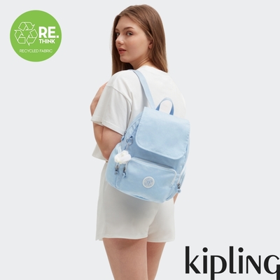 Kipling 溫柔冰霜藍掀蓋拉鍊後背包-CITY ZIP S