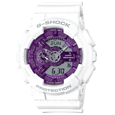 casio 卡西歐 g-shock itzy 禮志配戴款 繽紛金屬雙顯腕錶 白x紫 ga-110ws-7a_51.2mm