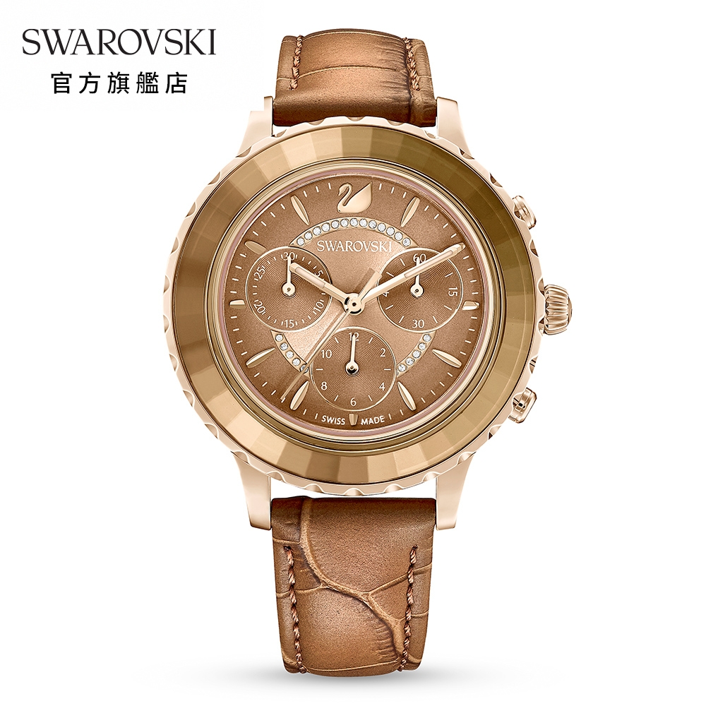 Swarovski 施華洛世奇 Octea Lux Chrono 手錶真皮錶帶, 咖啡色, 金色飾