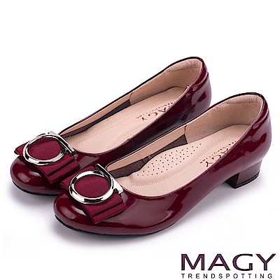 MAGY OL通勤專屬 造型圓釦 織帶蝴蝶結低跟鞋-紅色